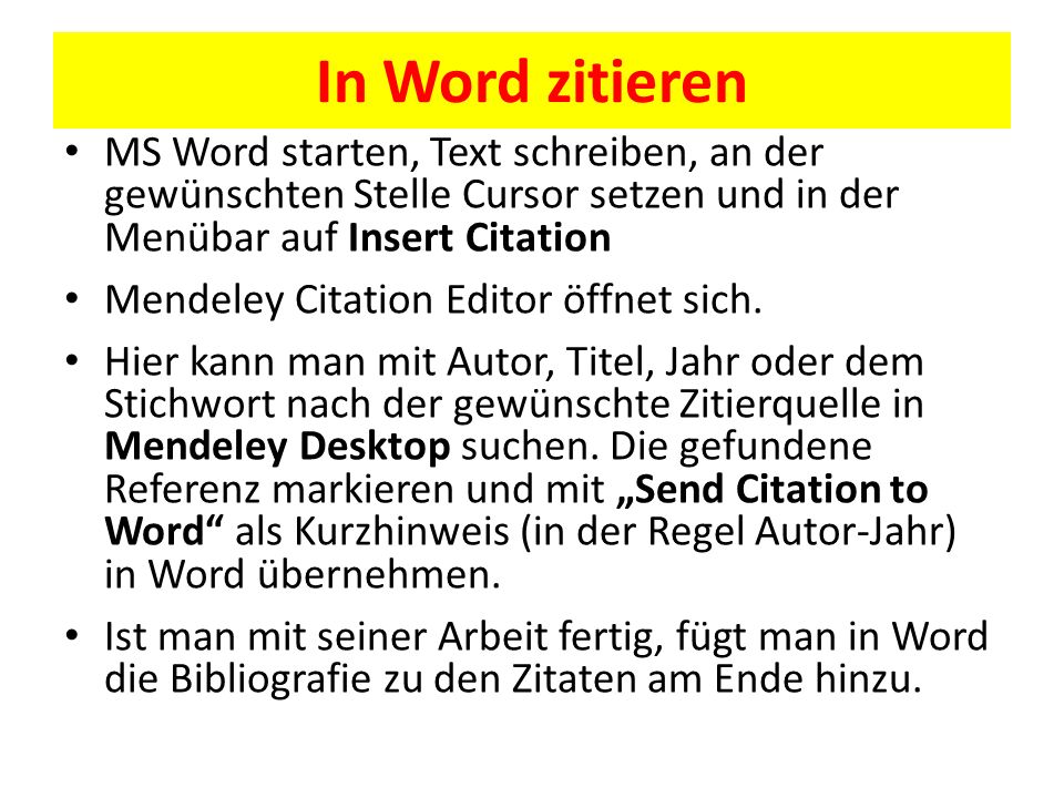 In Word zitieren MS Word starten, Text schreiben, an der gewünschten Stelle Cursor setzen und in der Menübar auf Insert Citation.