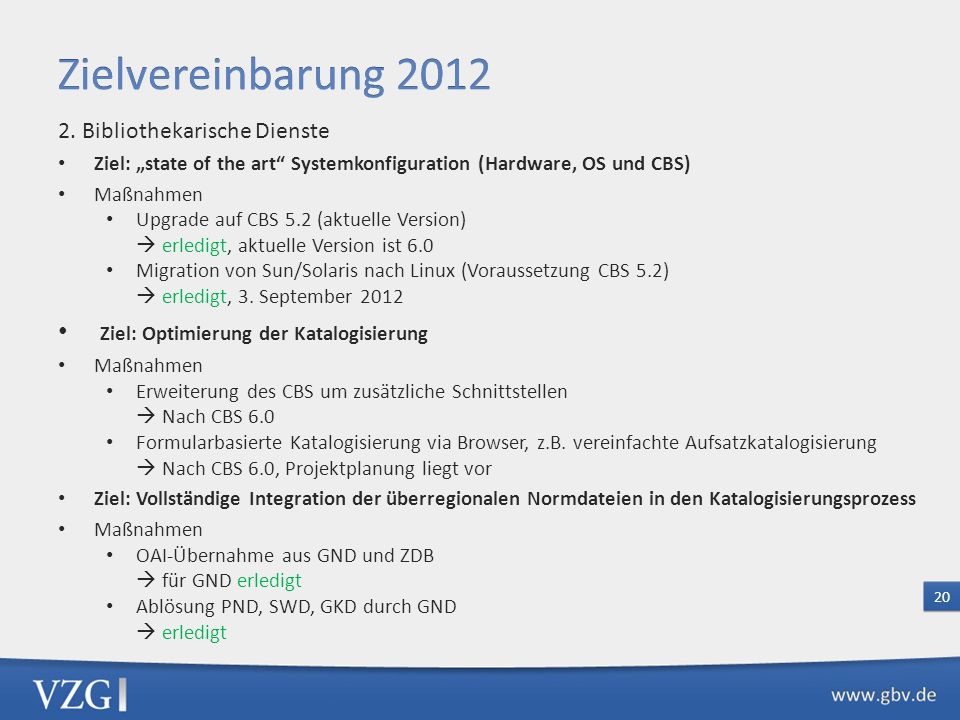 Zielvereinbarung 2012 Ziel: Optimierung der Katalogisierung
