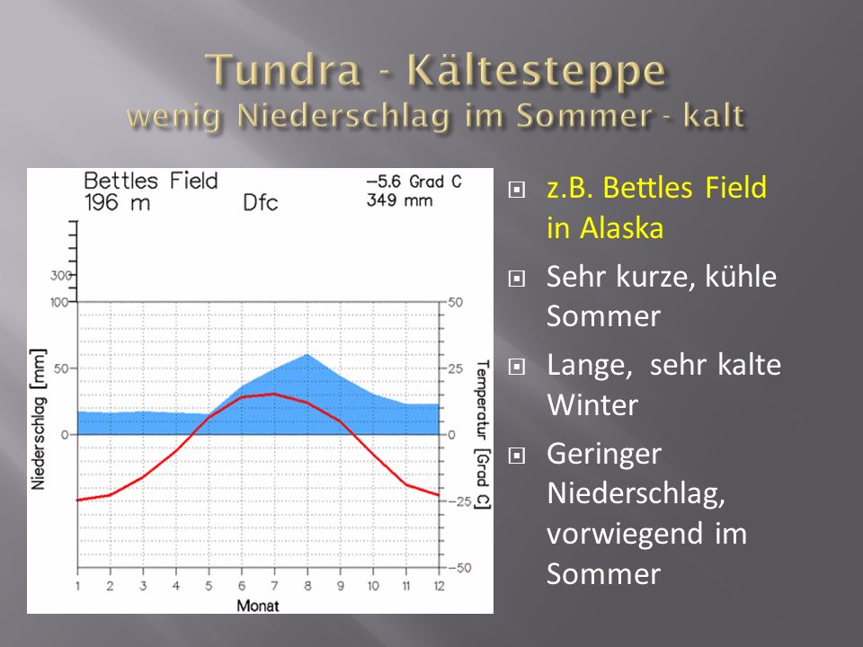 Tundra - Kältesteppe wenig Niederschlag im Sommer - kalt