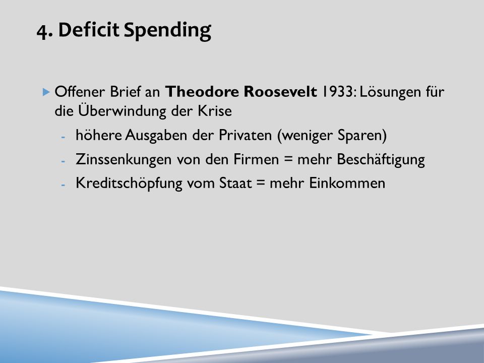 4. Deficit Spending Offener Brief an Theodore Roosevelt 1933: Lösungen für die Überwindung der Krise.