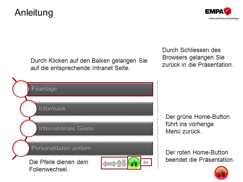 Anleitung Durch Schliessen des Browsers gelangen Sie zurück in die Präsentation. Durch Klicken auf den Balken gelangen Sie.