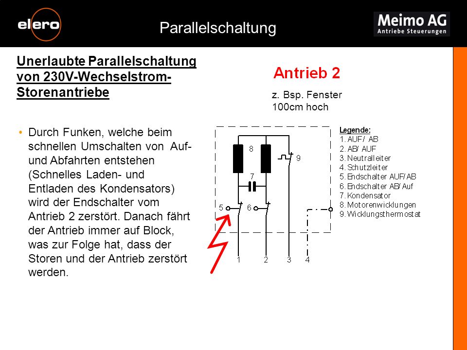 Parallelschaltung Unerlaubte Parallelschaltung von 230V-Wechselstrom-Storenantriebe. z. Bsp. Fenster 100cm hoch.