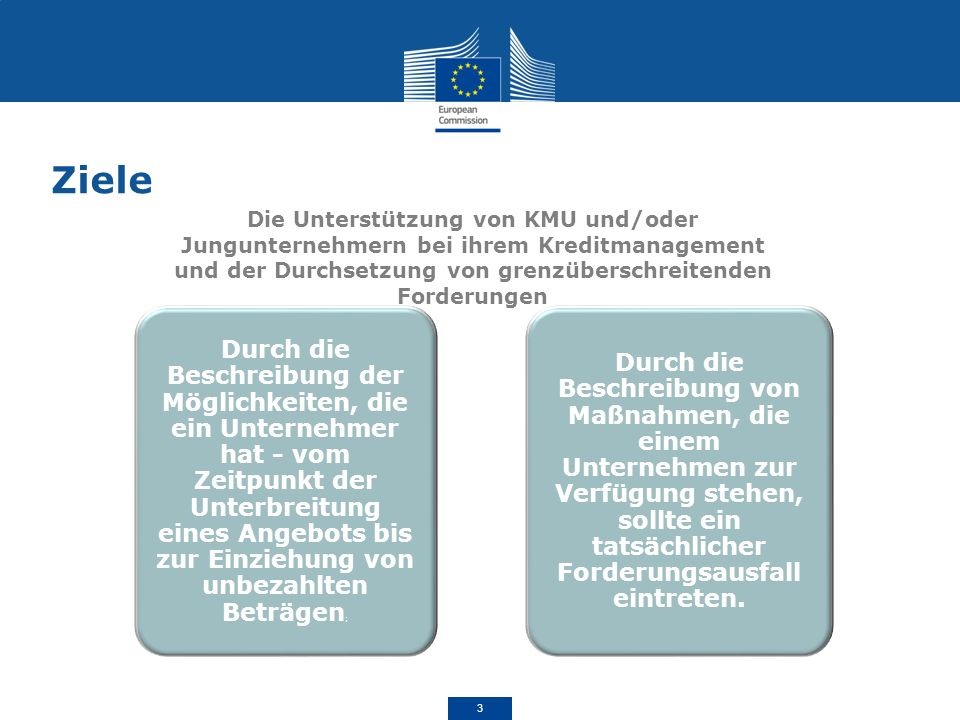 Ziele Die Unterstützung von KMU und/oder Jungunternehmern bei ihrem Kreditmanagement und der Durchsetzung von grenzüberschreitenden Forderungen.
