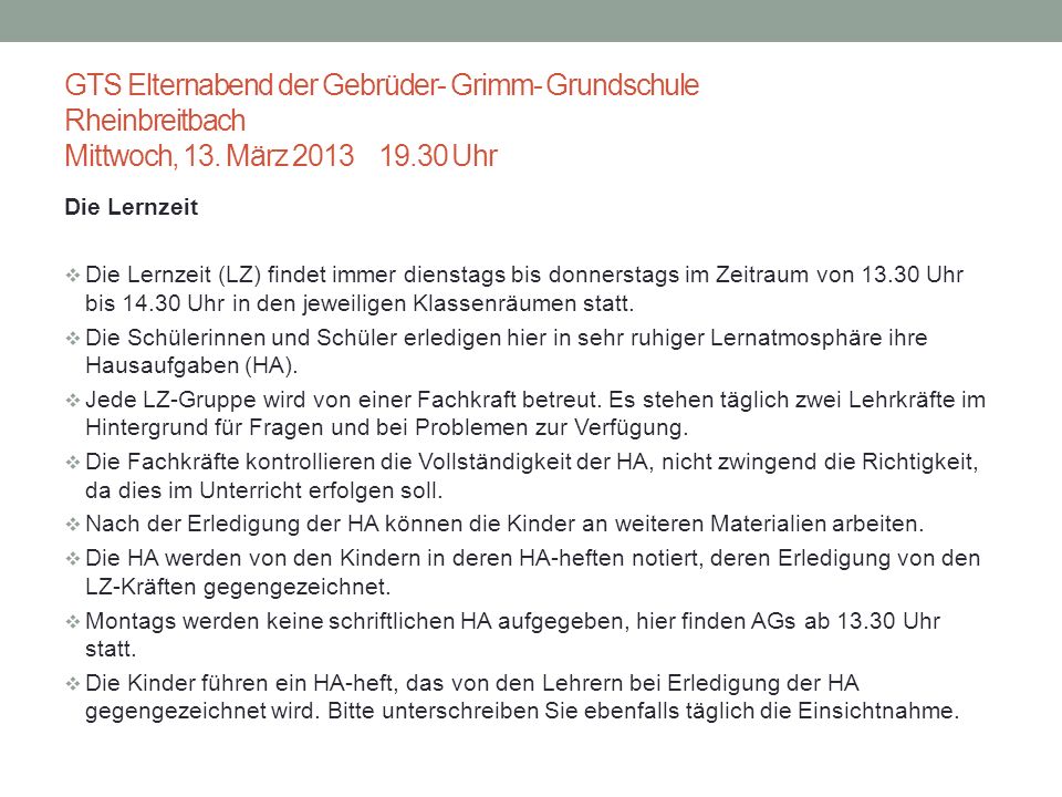 GTS Elternabend der Gebrüder- Grimm- Grundschule Rheinbreitbach Mittwoch, 13. März Uhr