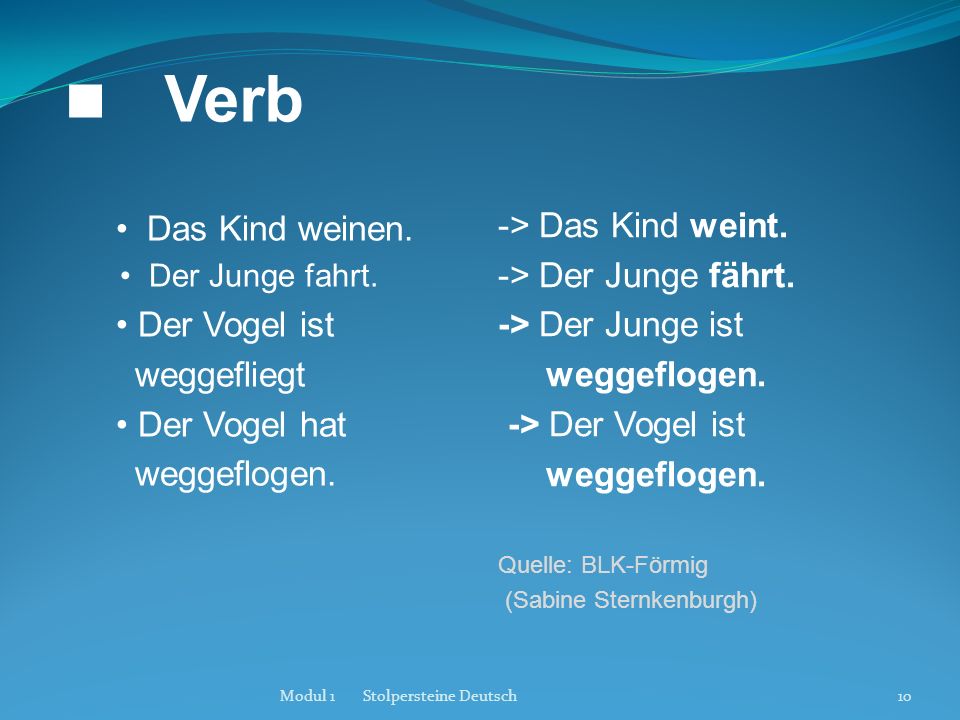  Verb -> Das Kind weint. -> Der Junge fährt. • Das Kind weinen.
