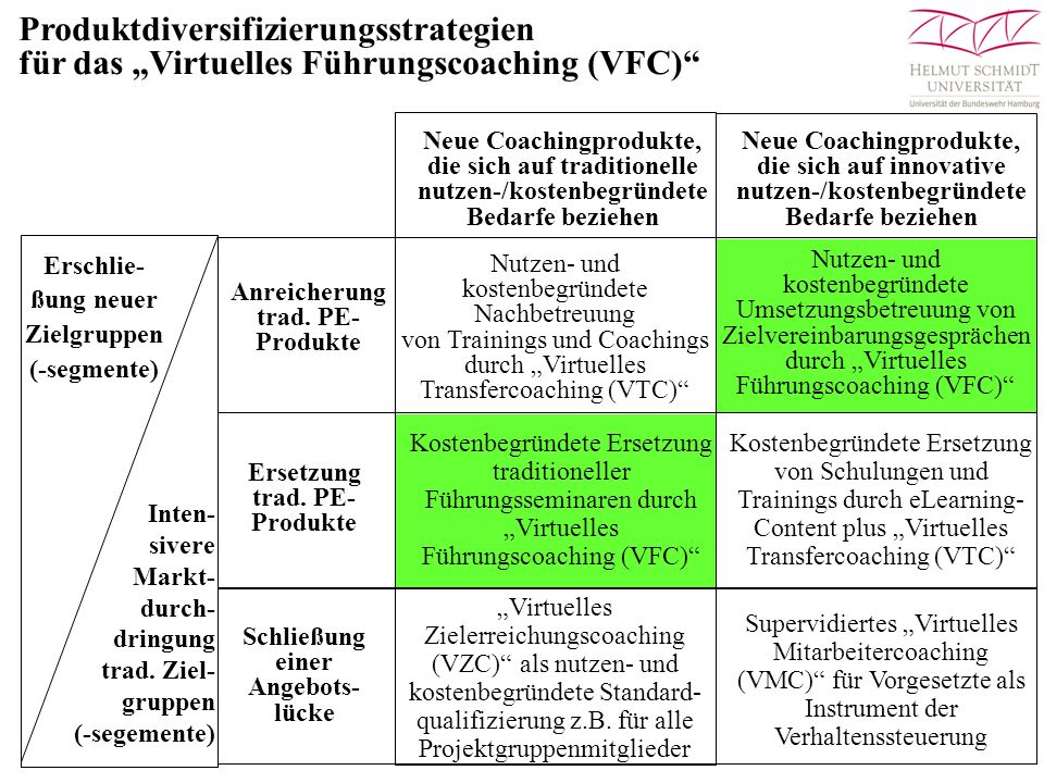 Produktdiversifizierungsstrategien für das „Virtuelles Führungscoaching (VFC)