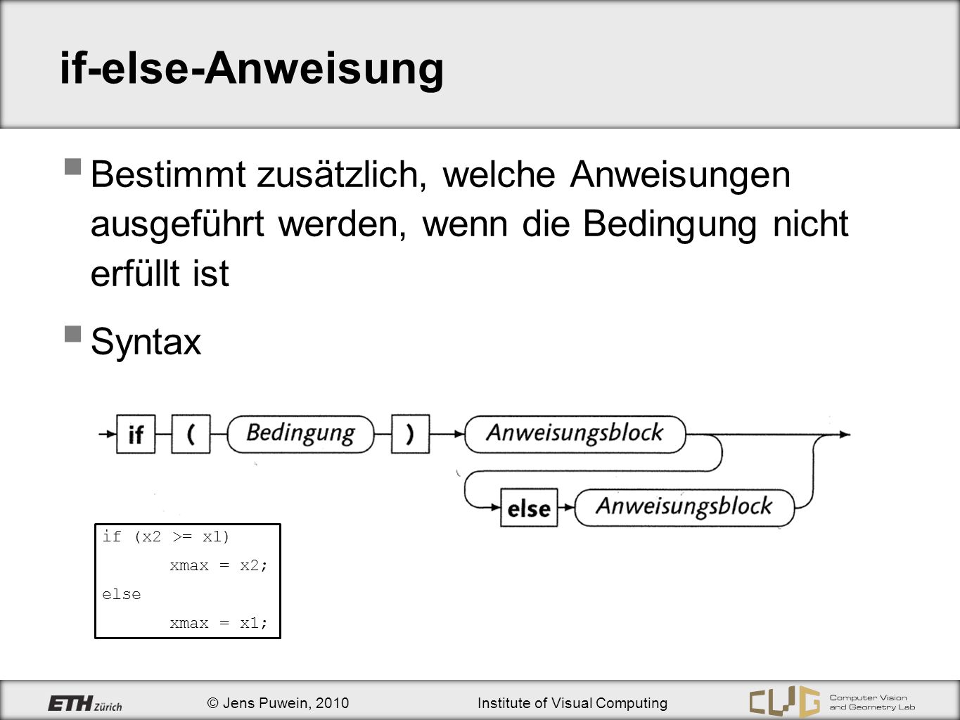 if-else-Anweisung Bestimmt zusätzlich, welche Anweisungen ausgeführt werden, wenn die Bedingung nicht erfüllt ist.