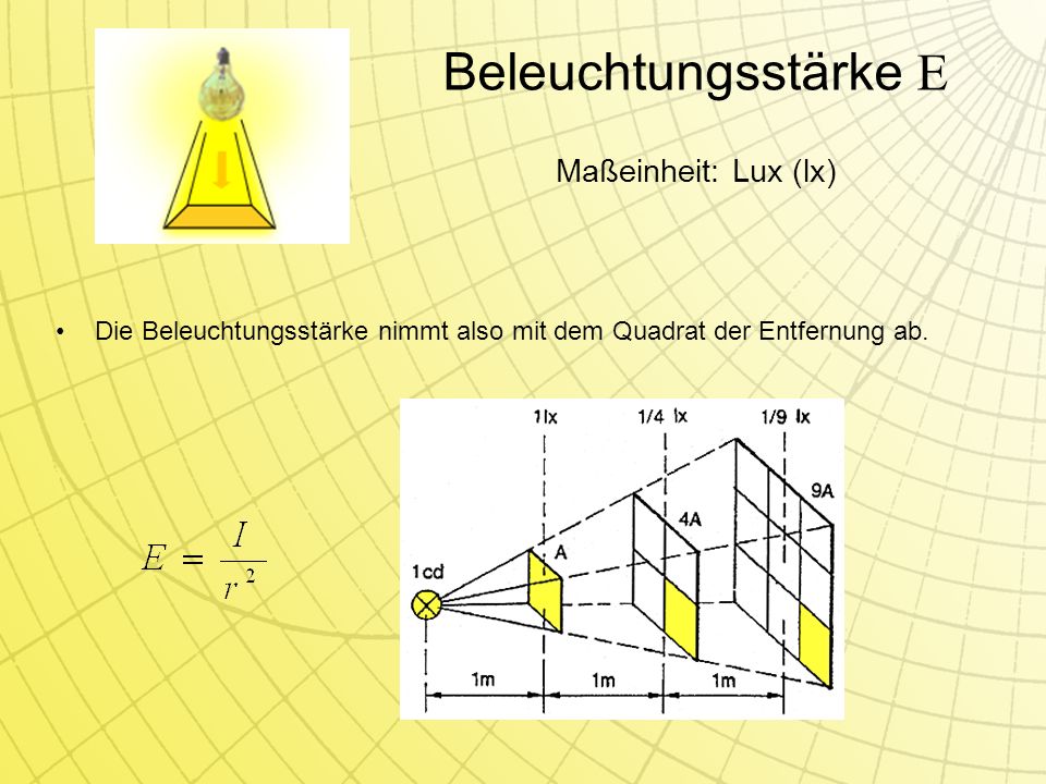 Beleuchtungsstärke E Maßeinheit: Lux (lx)