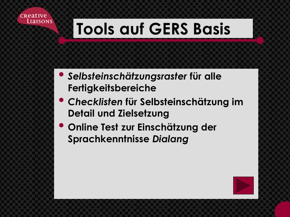 Tools auf GERS Basis Selbsteinschätzungsraster für alle Fertigkeitsbereiche. Checklisten für Selbsteinschätzung im Detail und Zielsetzung.