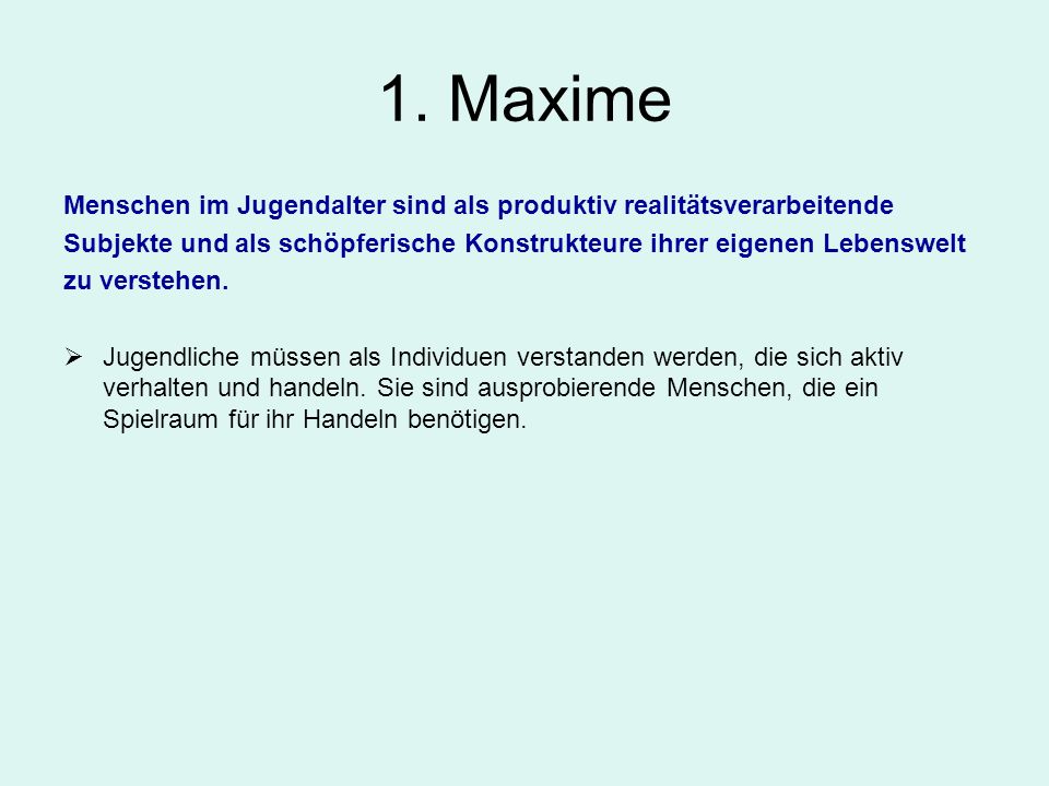 1. Maxime Menschen im Jugendalter sind als produktiv realitätsverarbeitende. Subjekte und als schöpferische Konstrukteure ihrer eigenen Lebenswelt.