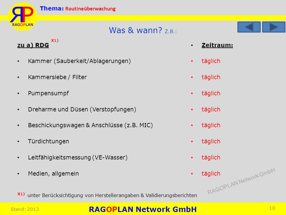 Was & wann Z.B.: X1) zu a) RDG Kammer (Sauberkeit/Ablagerungen)