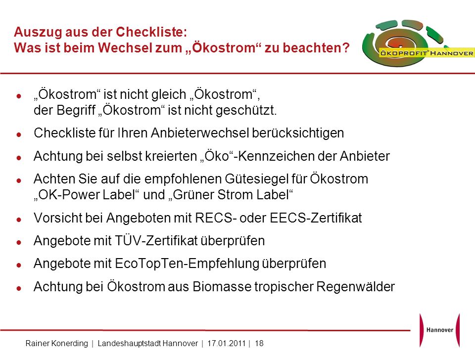 Auszug aus der Checkliste: Was ist beim Wechsel zum „Ökostrom zu beachten