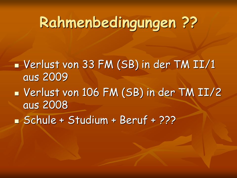 Rahmenbedingungen Verlust von 33 FM (SB) in der TM II/1 aus 2009