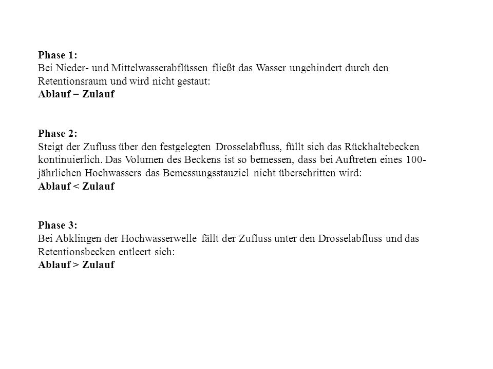 Phase 1: Bei Nieder- und Mittelwasserabflüssen fließt das Wasser ungehindert durch den Retentionsraum und wird nicht gestaut: Ablauf = Zulauf