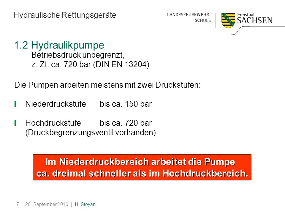 1.2 Hydraulikpumpe Betriebsdruck unbegrenzt, z. Zt. ca. 720 bar (DIN EN 13204) Die Pumpen arbeiten meistens mit zwei Druckstufen: