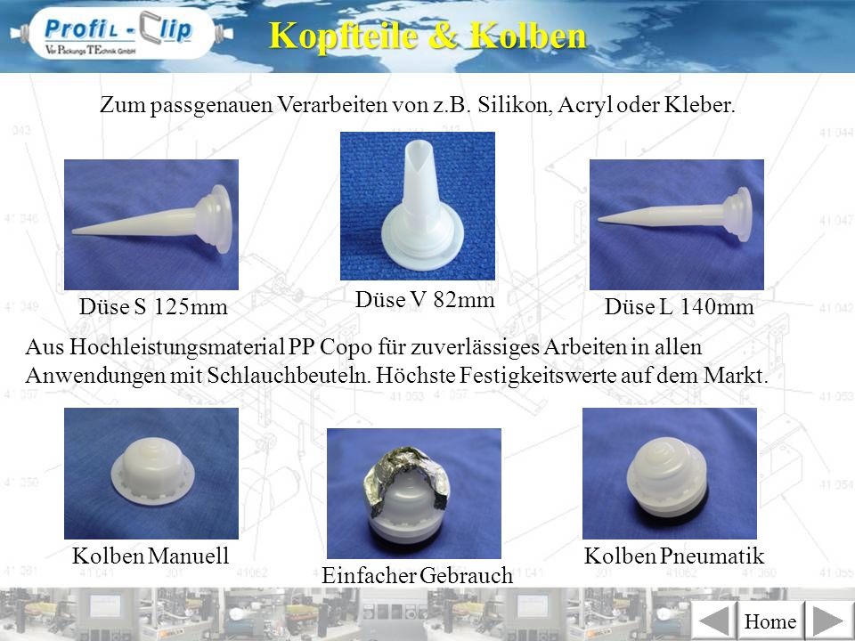 Kopfteile & Kolben Zum passgenauen Verarbeiten von z.B. Silikon, Acryl oder Kleber. Düse V 82mm. Düse S 125mm.