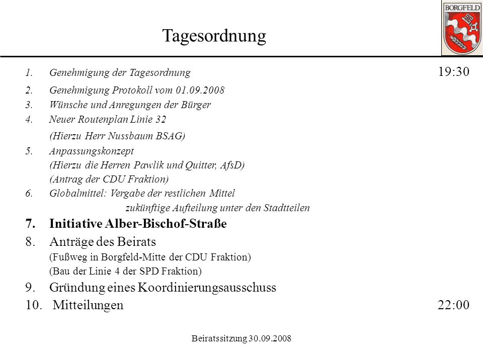 Tagesordnung (Hierzu Herr Nussbaum BSAG)