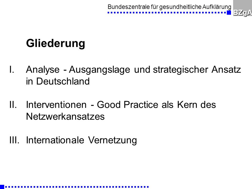 Gliederung Analyse - Ausgangslage und strategischer Ansatz in Deutschland. Interventionen - Good Practice als Kern des Netzwerkansatzes.