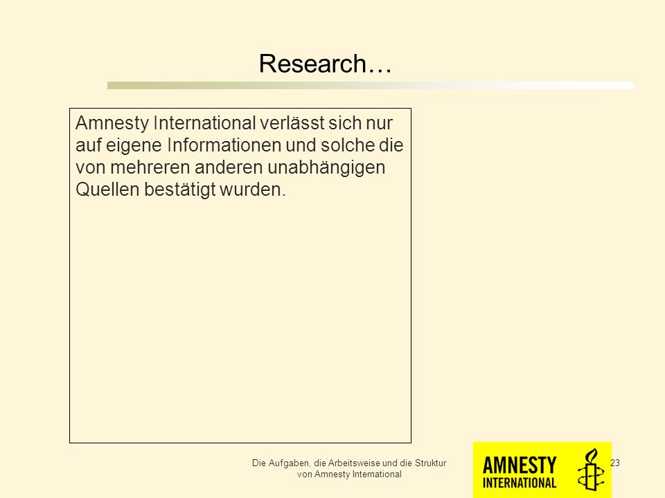 Research… Amnesty International verlässt sich nur auf eigene Informationen und solche die von mehreren anderen unabhängigen Quellen bestätigt wurden.