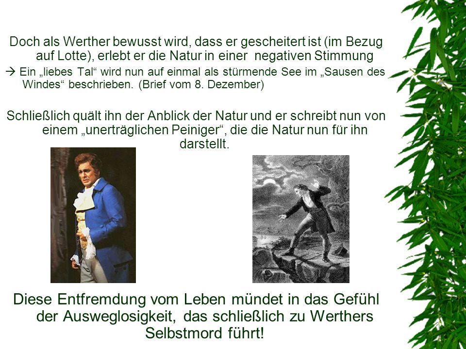 Doch als Werther bewusst wird, dass er gescheitert ist (im Bezug auf Lotte), erlebt er die Natur in einer negativen Stimmung