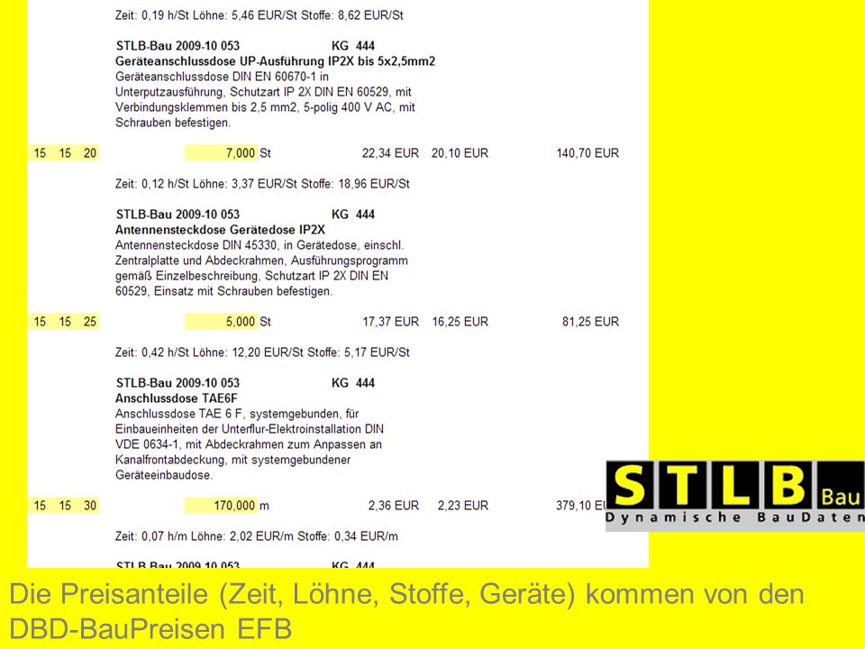 Die Preisanteile (Zeit, Löhne, Stoffe, Geräte) kommen von den DBD-BauPreisen EFB