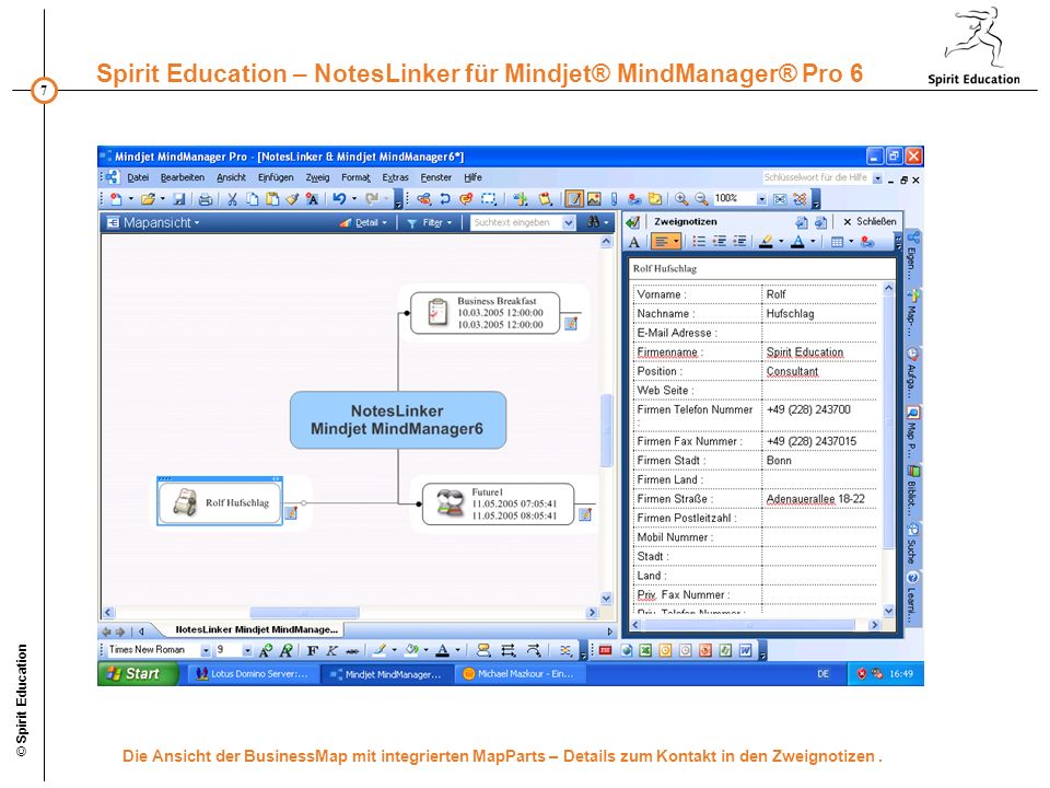 © Spirit Education Die Ansicht der BusinessMap mit integrierten MapParts – Details zum Kontakt in den Zweignotizen .