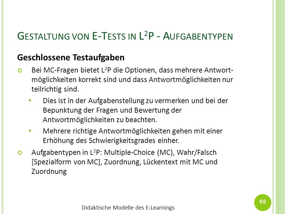 Gestaltung von E-Tests in L2P - Aufgabentypen