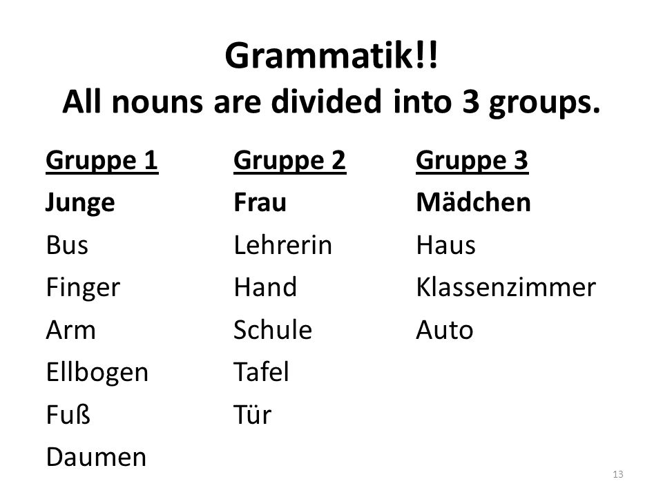 Grammatik!! All nouns are divided into 3 groups.