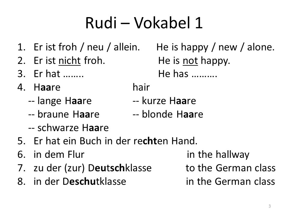 Rudi – Vokabel 1 Er ist froh / neu / allein. He is happy / new / alone. Er ist nicht froh. He is not happy.