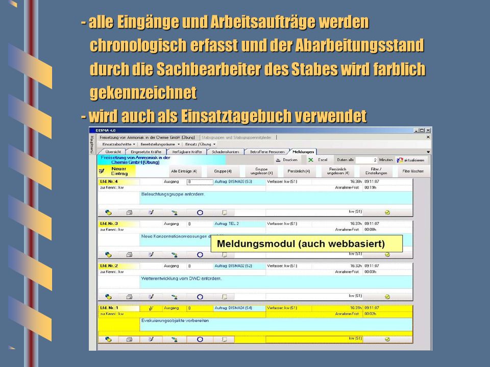 8 - alle Eingänge und Arbeitsaufträge werden. chronologisch erfasst und der Abarbeitungsstand. durch die Sachbearbeiter des Stabes wird farblich.