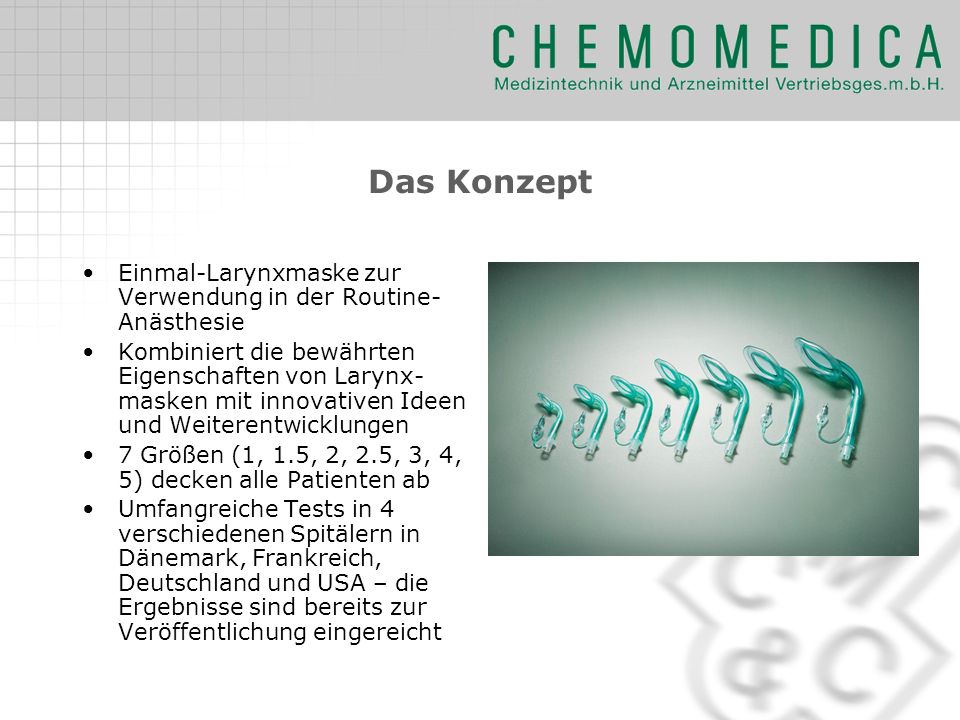 Das Konzept Einmal-Larynxmaske zur Verwendung in der Routine-Anästhesie.