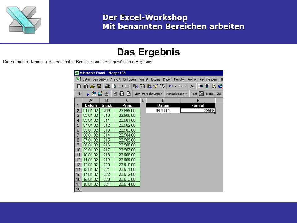 Das Ergebnis Der Excel-Workshop Mit benannten Bereichen arbeiten