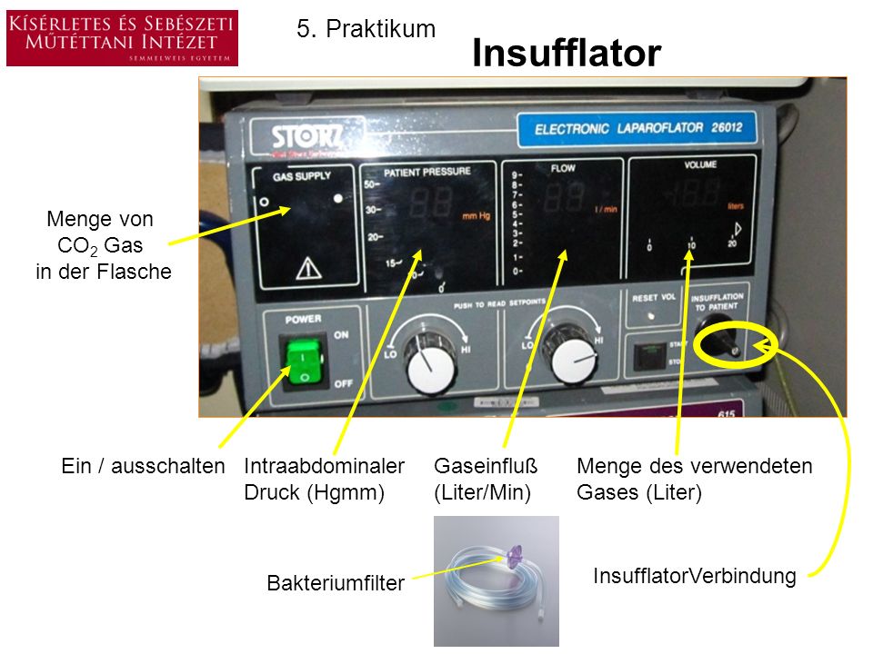 Insufflator 5. Praktikum Ein / ausschalten Menge von CO2 Gas