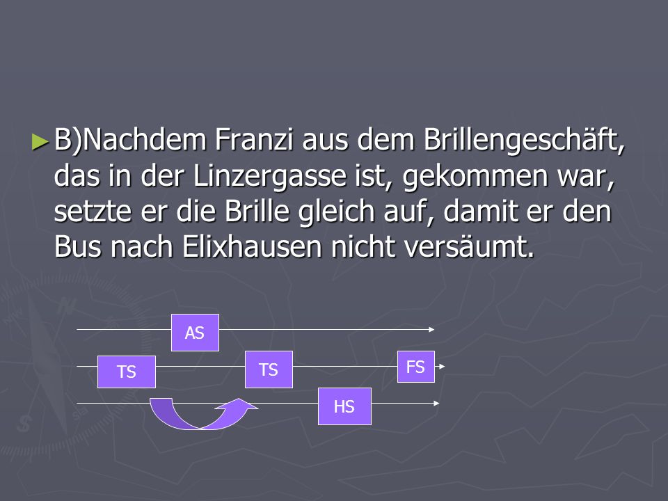 B)Nachdem Franzi aus dem Brillengeschäft, das in der Linzergasse ist, gekommen war, setzte er die Brille gleich auf, damit er den Bus nach Elixhausen nicht versäumt.