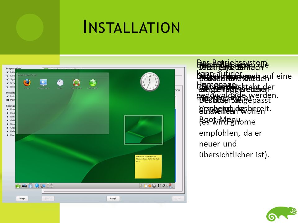Installation Das Betriebssystem kann auf der Homepage gedownloade werden. Dann muss man die Dateien nur noch auf eine CD brennen.