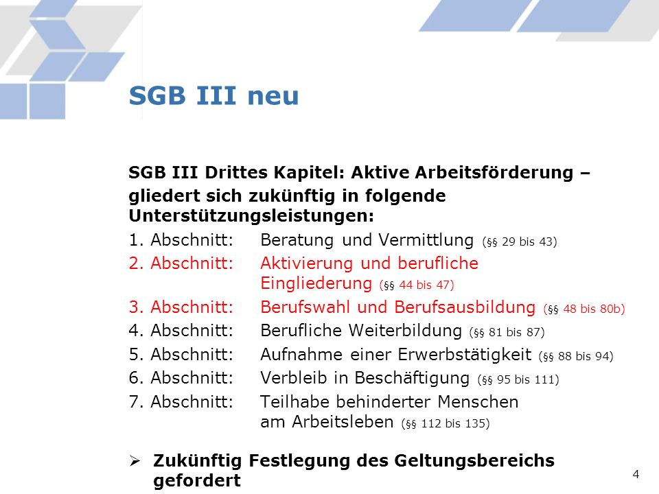 SGB III neu SGB III Drittes Kapitel: Aktive Arbeitsförderung –