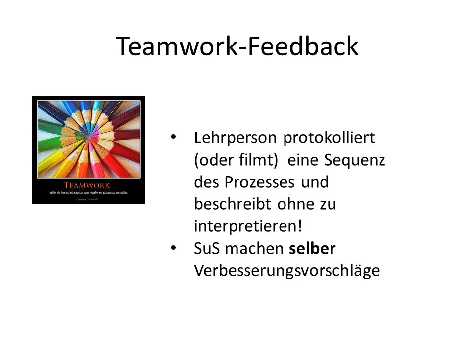 Teamwork-Feedback Lehrperson protokolliert (oder filmt) eine Sequenz des Prozesses und beschreibt ohne zu interpretieren!