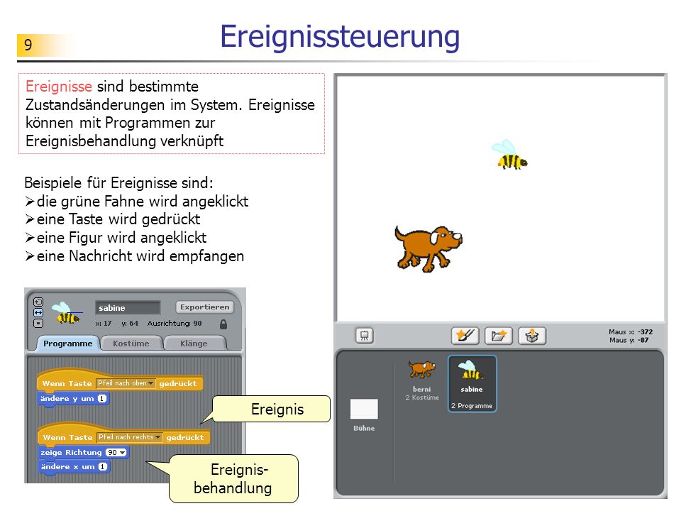 Ereignissteuerung Ereignisse sind bestimmte Zustandsänderungen im System. Ereignisse können mit Programmen zur Ereignisbehandlung verknüpft.