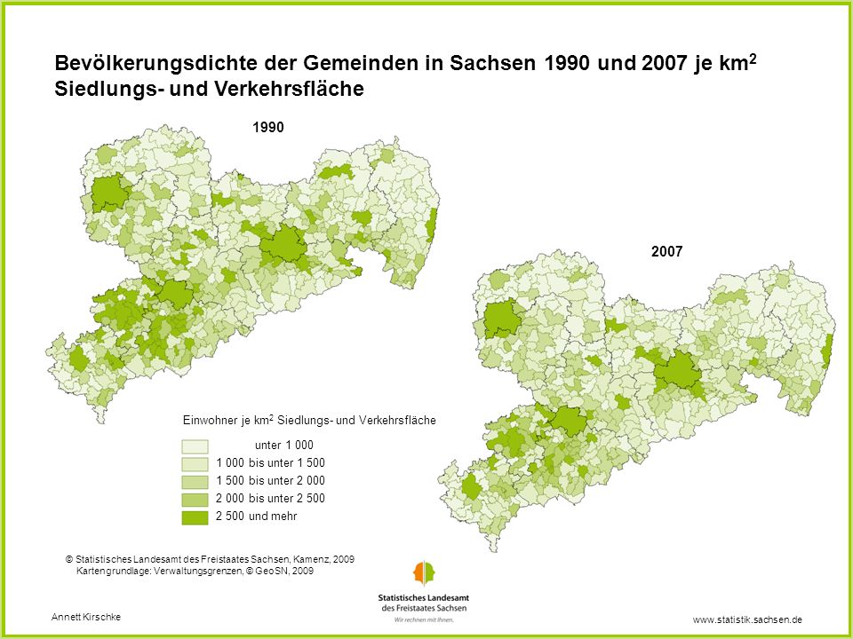 Bevölkerungsdichte der Gemeinden in Sachsen 1990 und 2007 je km2 Siedlungs- und Verkehrsfläche