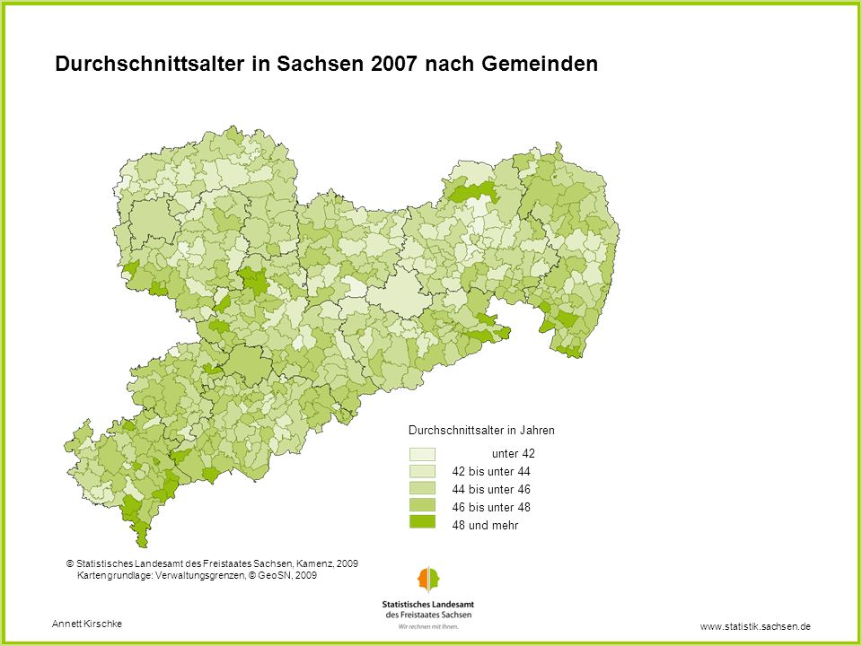 Durchschnittsalter in Sachsen 2007 nach Gemeinden