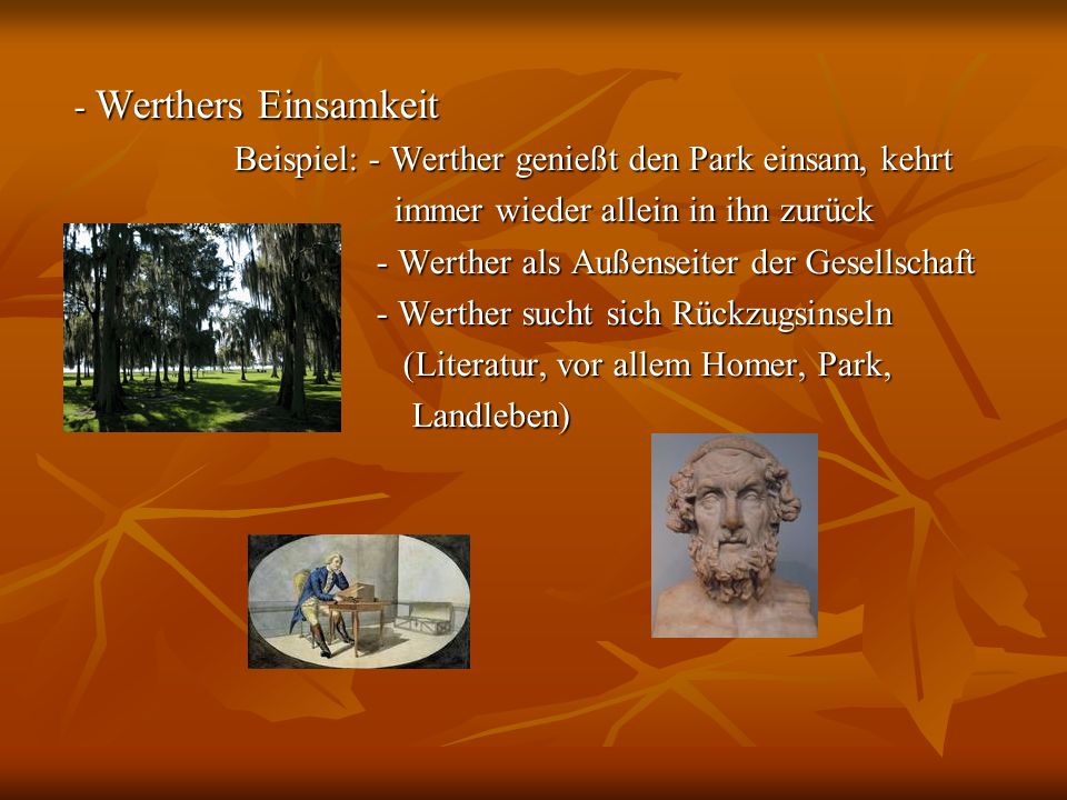 - Werthers Einsamkeit Beispiel: - Werther genießt den Park einsam, kehrt. immer wieder allein in ihn zurück.