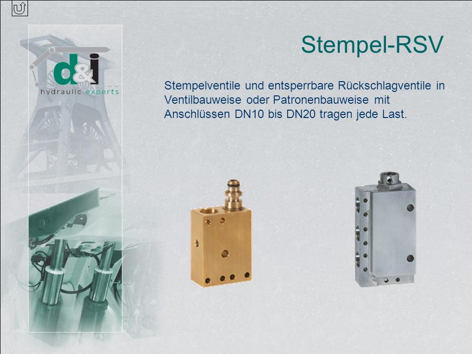 Stempel-RSV Stempelventile und entsperrbare Rückschlagventile in Ventilbauweise oder Patronenbauweise mit Anschlüssen DN10 bis DN20 tragen jede Last.