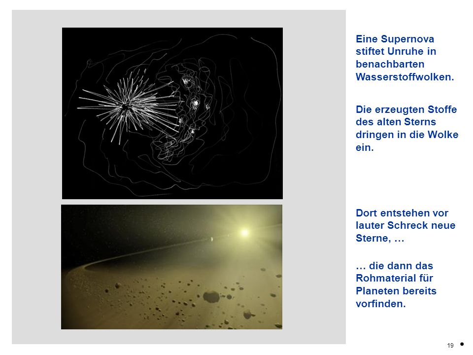 . Eine Supernova stiftet Unruhe in benachbarten Wasserstoffwolken.
