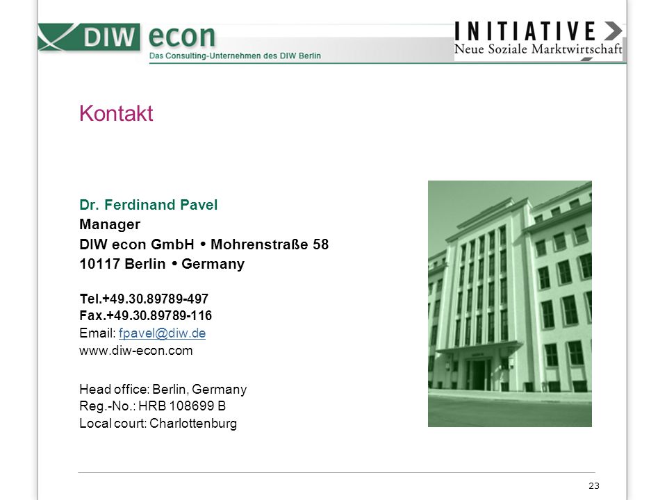 Kontakt Dr. Ferdinand Pavel Manager DIW econ GmbH  Mohrenstraße 58