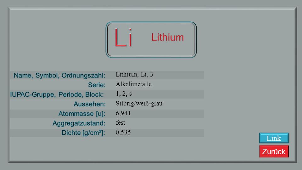 Li Lithium Link Lithium, Li, 3 Alkalimetalle 1, 2, s Silbrig/weiß-grau