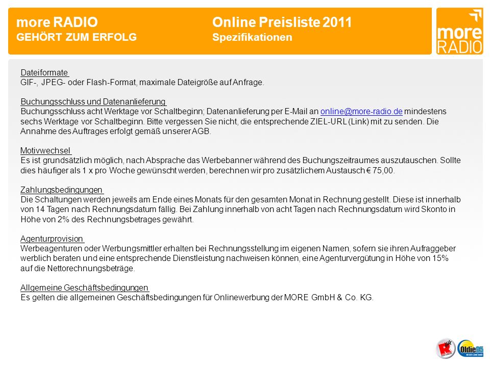 more RADIO Online Preisliste 2011 GEHÖRT ZUM ERFOLG Spezifikationen
