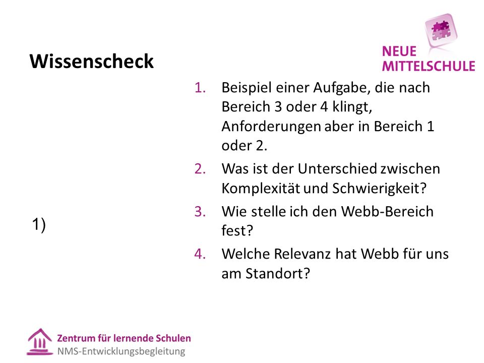 Wissenscheck 1) Beispiel einer Aufgabe, die nach Bereich 3 oder 4 klingt, Anforderungen aber in Bereich 1 oder 2.