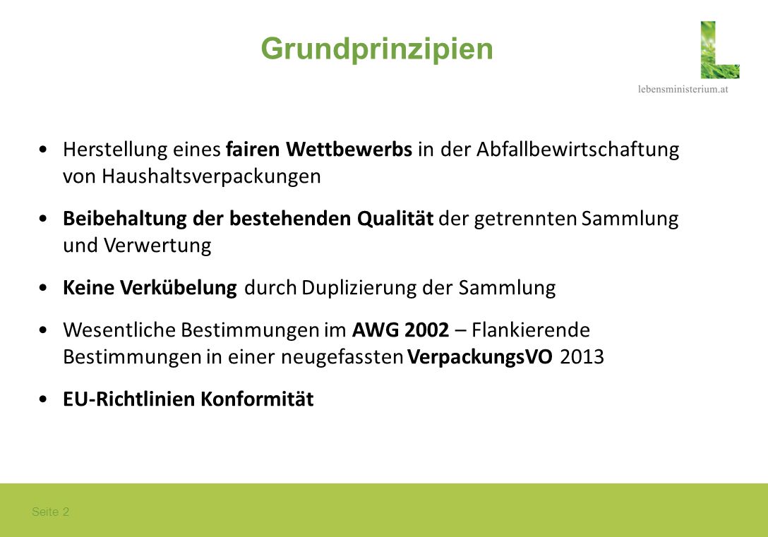 Grundprinzipien Herstellung eines fairen Wettbewerbs in der Abfallbewirtschaftung von Haushaltsverpackungen.