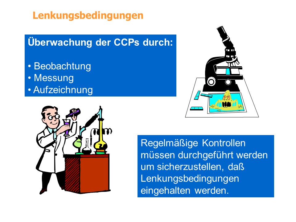 Lenkungsbedingungen Überwachung der CCPs durch: Beobachtung. Messung. Aufzeichnung. Regelmäßige Kontrollen.