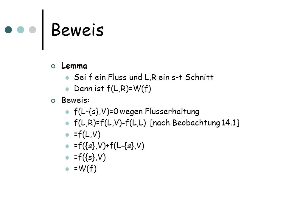 Beweis Lemma Sei f ein Fluss und L,R ein s-t Schnitt